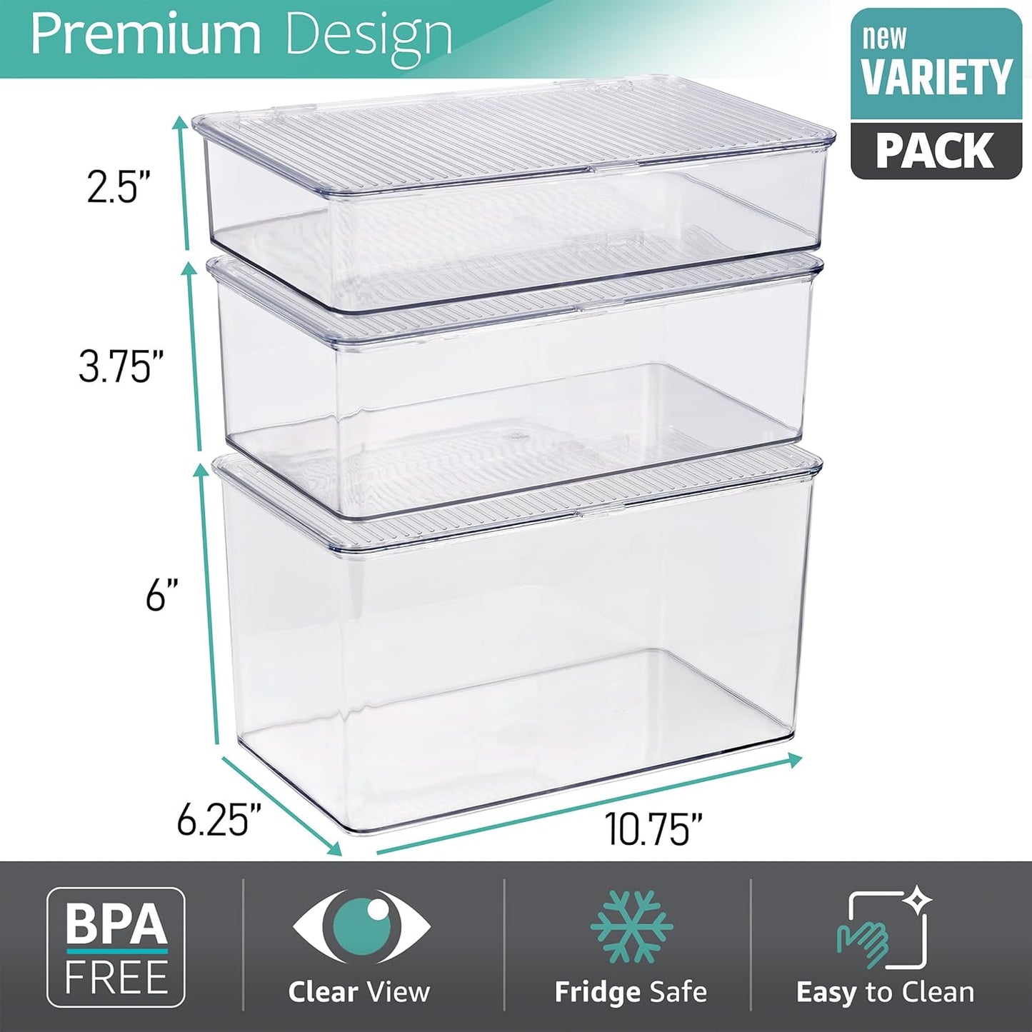 3 Pack Clear Plastic Storage Bins with Lids - Stackable Refrigerator Organizer - Pantry Organizer