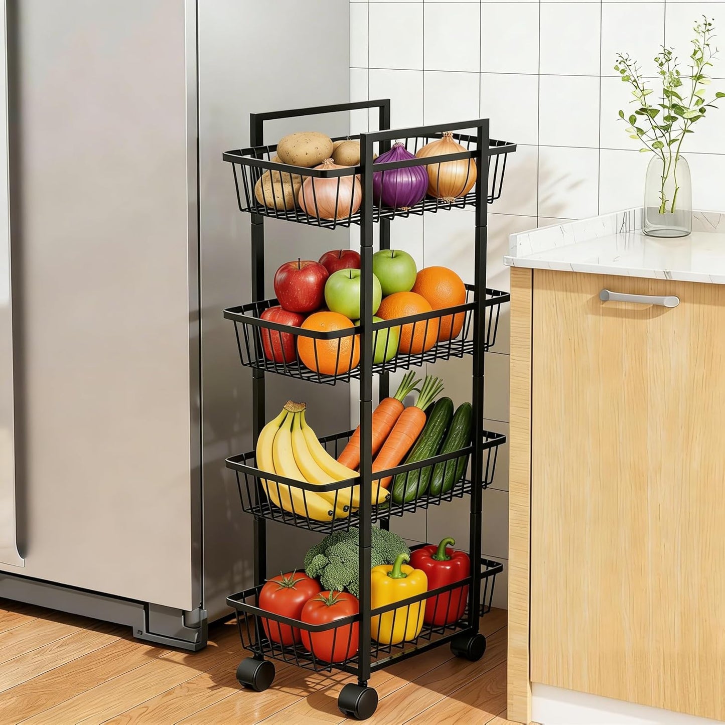 4 Tier Rolling Fruit Vegetable Basket Cart