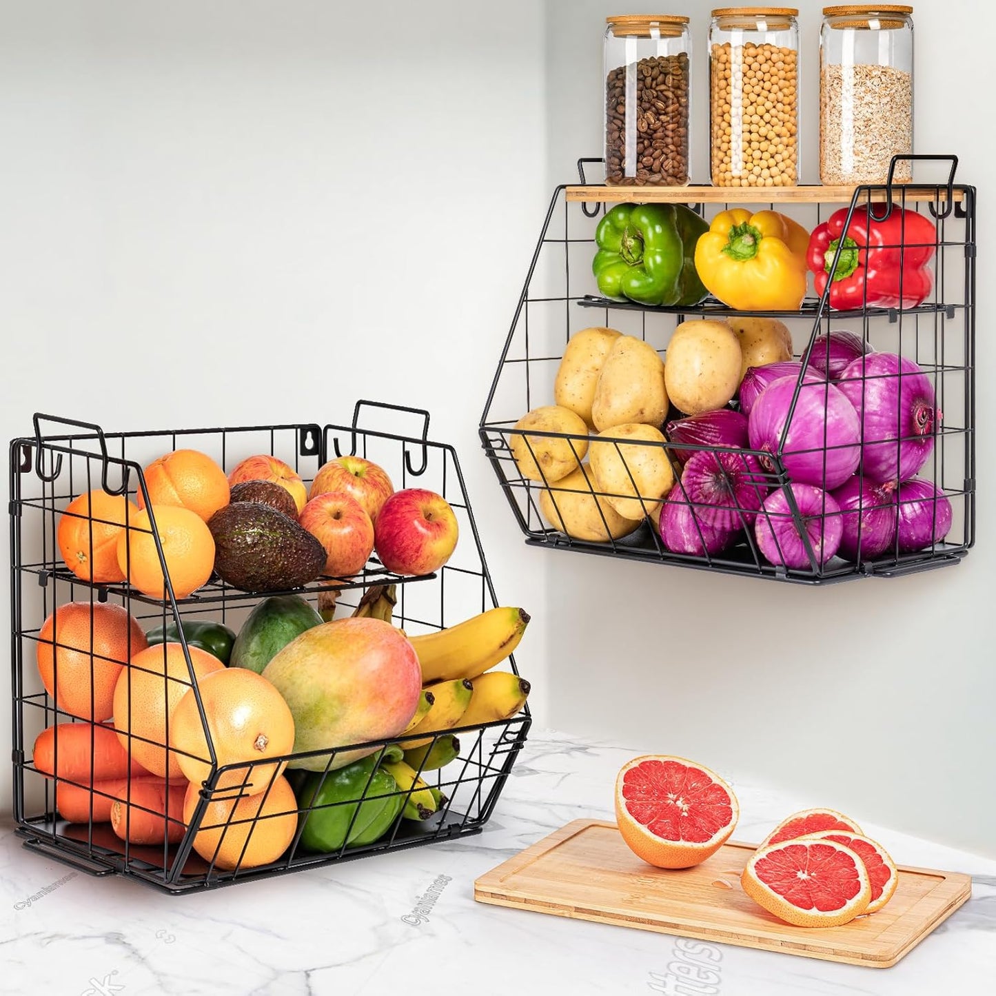 3 Tier Fruit Basket for Kitchen with Bamboo Cutting Board