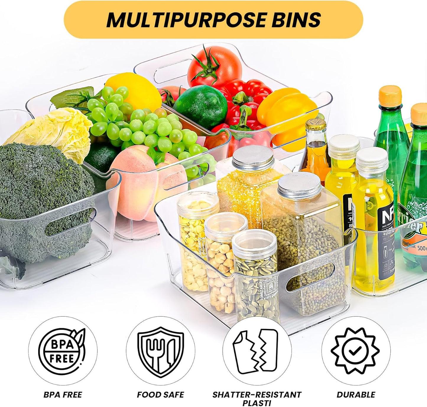 12 Pack Clear Plastic Storage Bins, Acrylic Organizer and Containers with Handle for Pantry