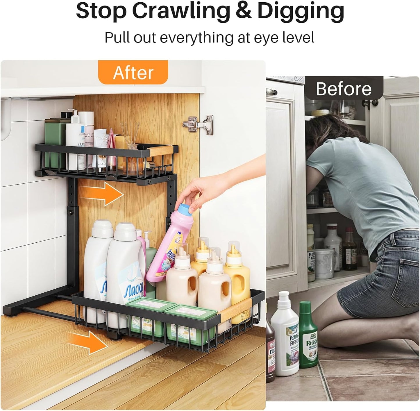 Under Sink Organizer, Adjustable Height, 2 Tier Pull Out Under Cabinet Organizer