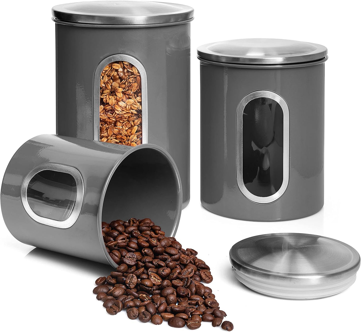 3-Piece Gray Canisters Sets For The Kitchen, Airtight Canister Set With See Through Window