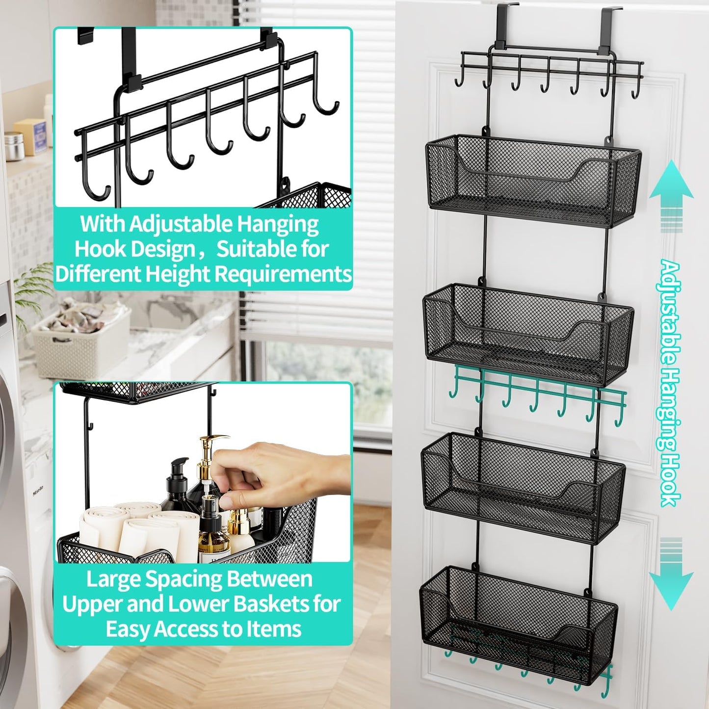 Over The Door Organizer - Hanging Door Organizer with 4 Metal Large Capacity Baskets and Adjustable Coat Hook for Bathroom Bedroom Kitchen Pantry Closet Cabinet