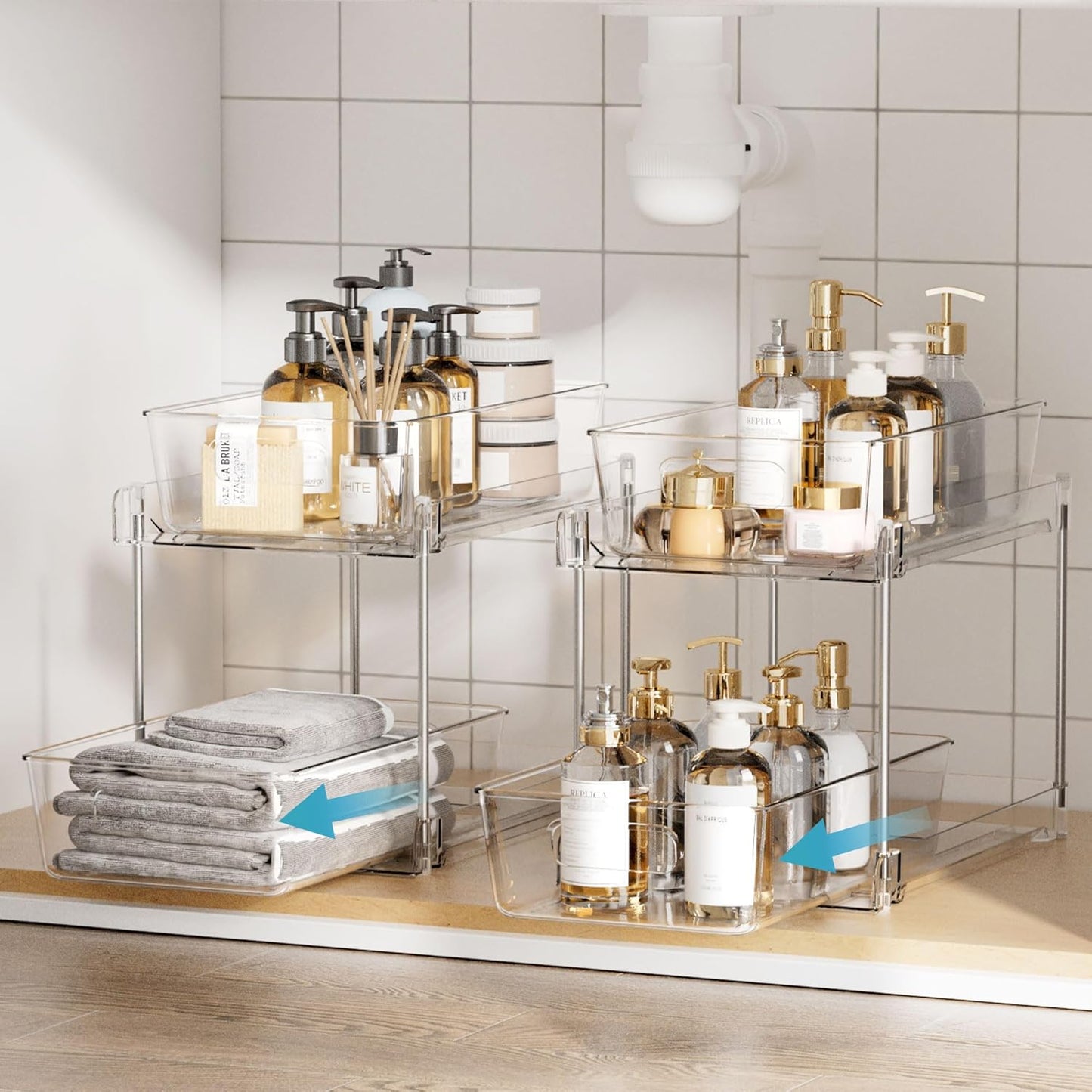 2 Tier Bathroom Storage Organizer, 2 Pack Clear Under Sink Organizers Vanity Counter Container