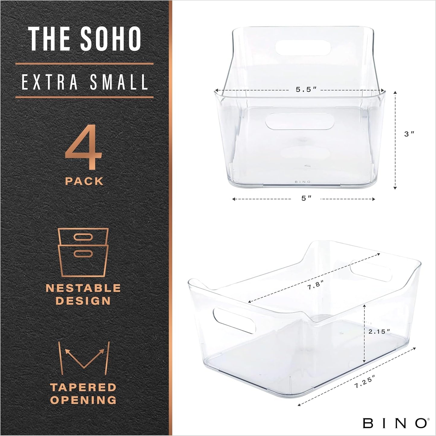 Plastic Organizer Bins, X-Small - 4 Pack | THE SOHO COLLECTION | Multi-Use Organizer Bins | Pantry & Freezer Bin | Plastic Storage Containers | Bin for Home & Kitchen Org