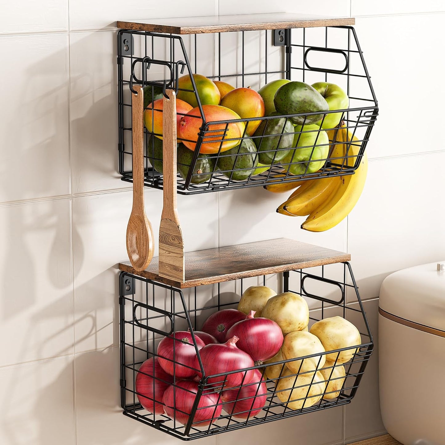 Stackable Metal Fruit Basket with Wood Lid 2 Pack, Hanging Wall Organizer for Kitchen Counter