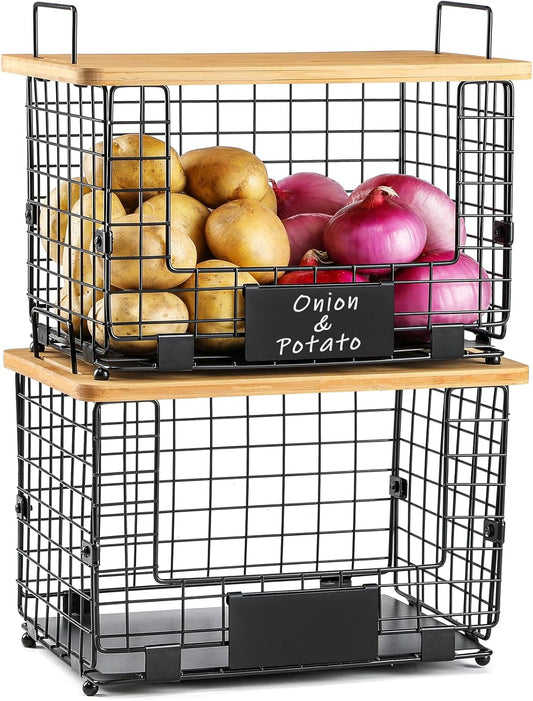 2 Set XL Stackable Wire Basket with Bamboo Tops & Tags- Pantry Organizer and Storage Bins