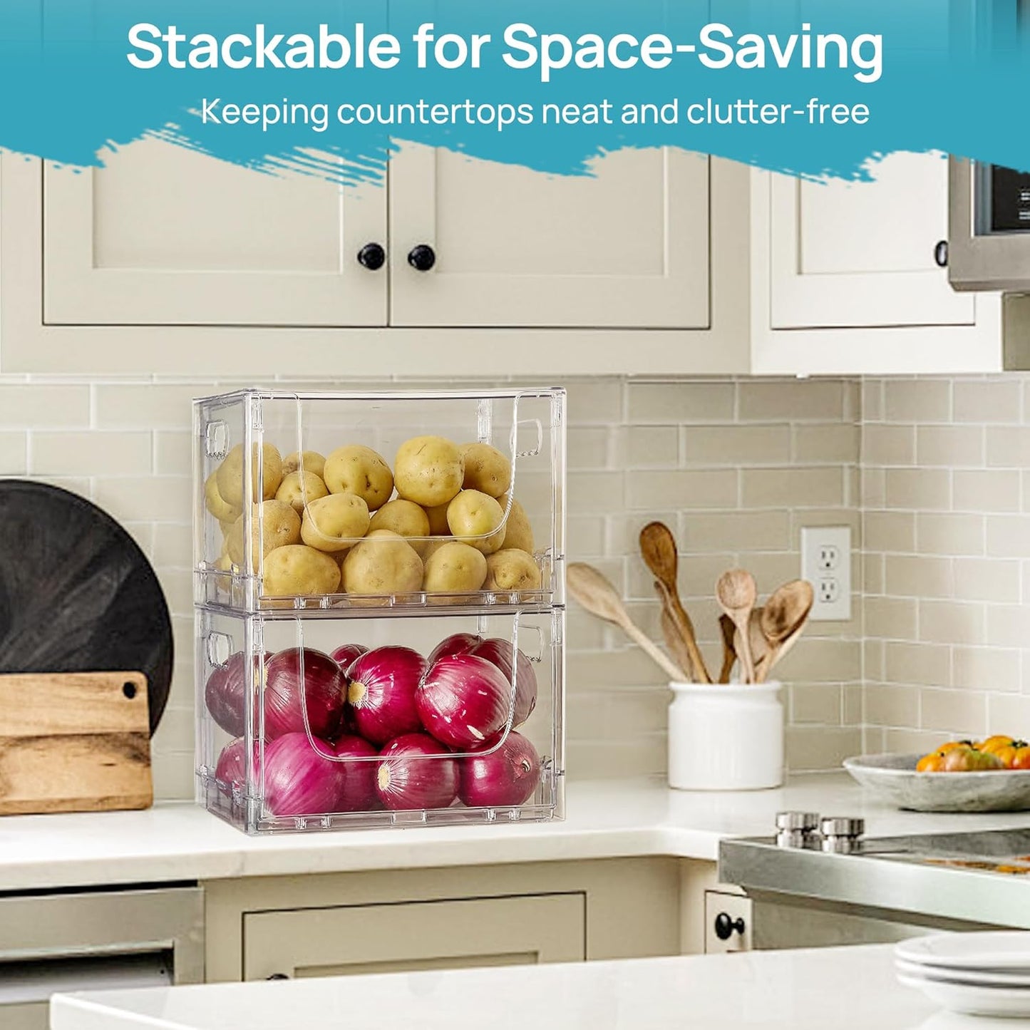2 Pack Large Foldable Open Front Storage Bins with Lids for Potato and Onion