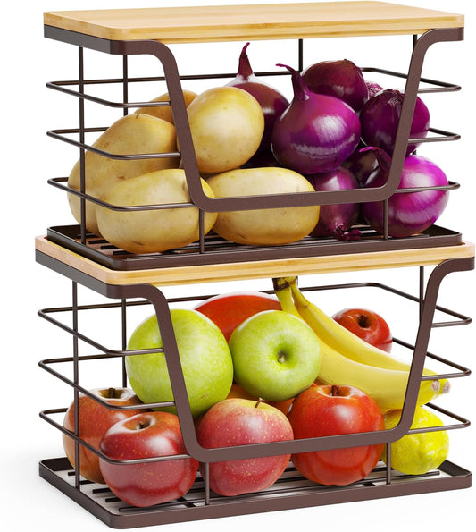 2 Pack Stackable Wire Storage Basket with Bamboo Lip
