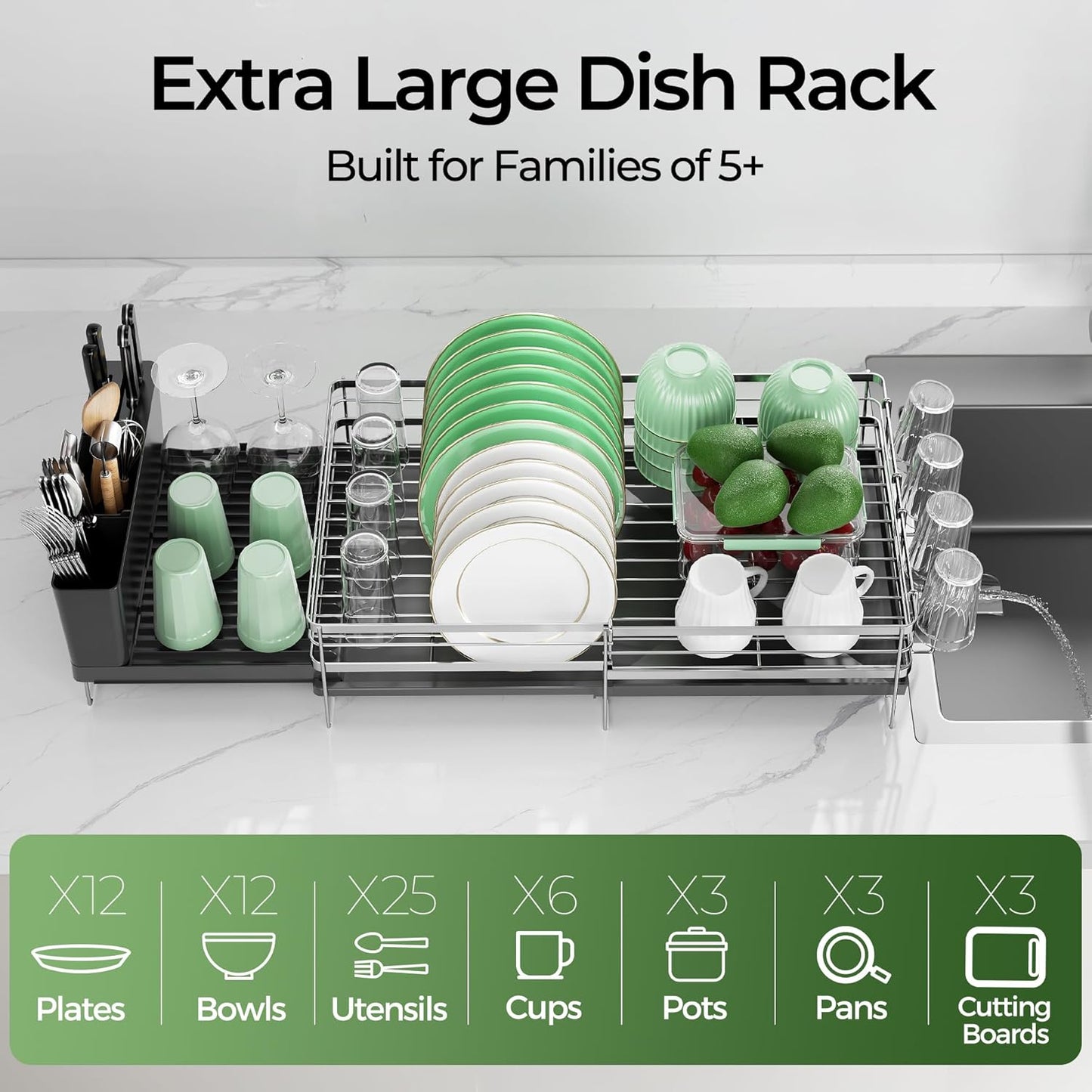Large Dish Drying Rack, Expandable Dish Rack