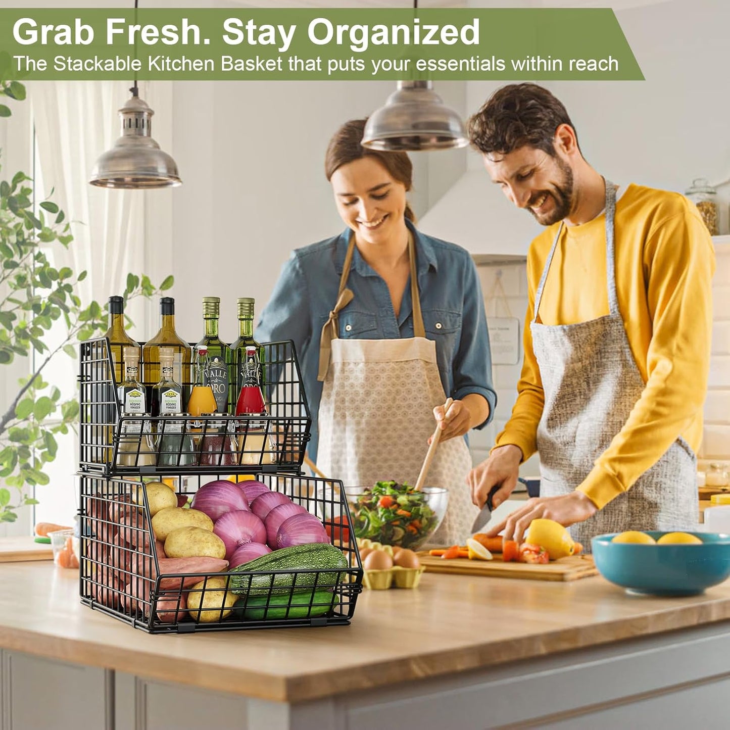 2-Tier Stackable Wire Baskets for Counter, Potato and Onion Storage Bin