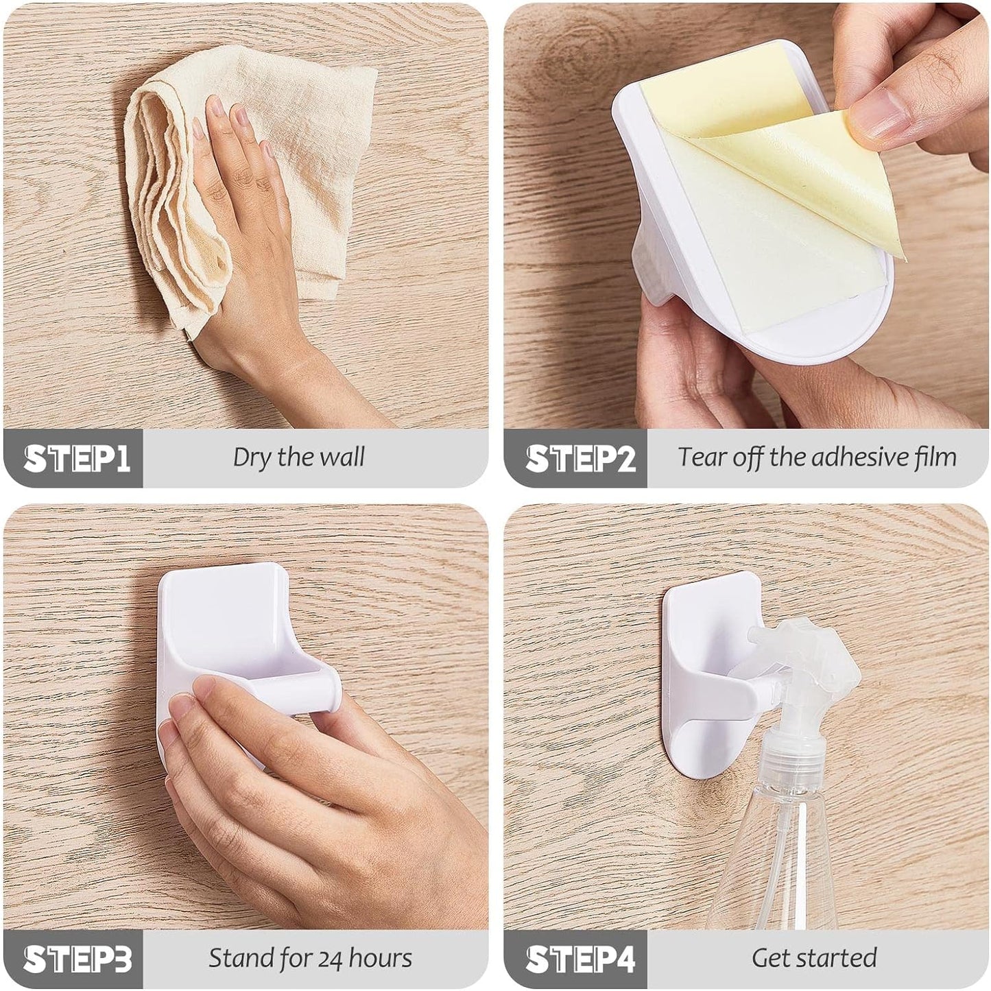4 Pcs Wall Mount Spray Bottle Hooks Holder Spray Bottle Hanger Adhesive Hook to Create Storage Space Rack Organizer Hanger for Cabinet Kitchen Variety Surfaces (White)