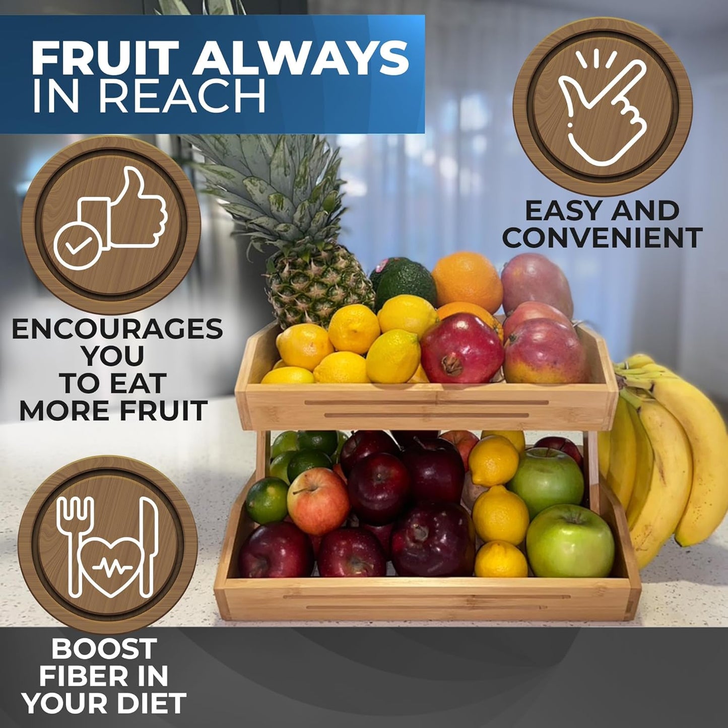 2 Tier Bamboo Fruit Basket for Kitchen Counter with Banana Hanger Hooks