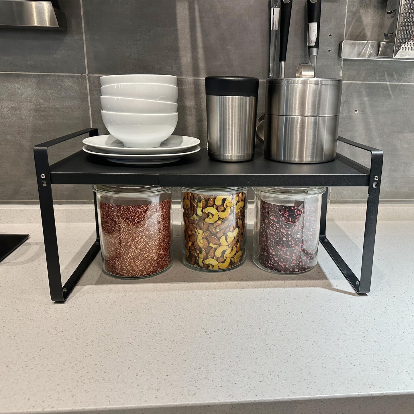 Set of 2 Expandable Cabinet Shelf Organizer, Black Kitchen Countertop Shelves