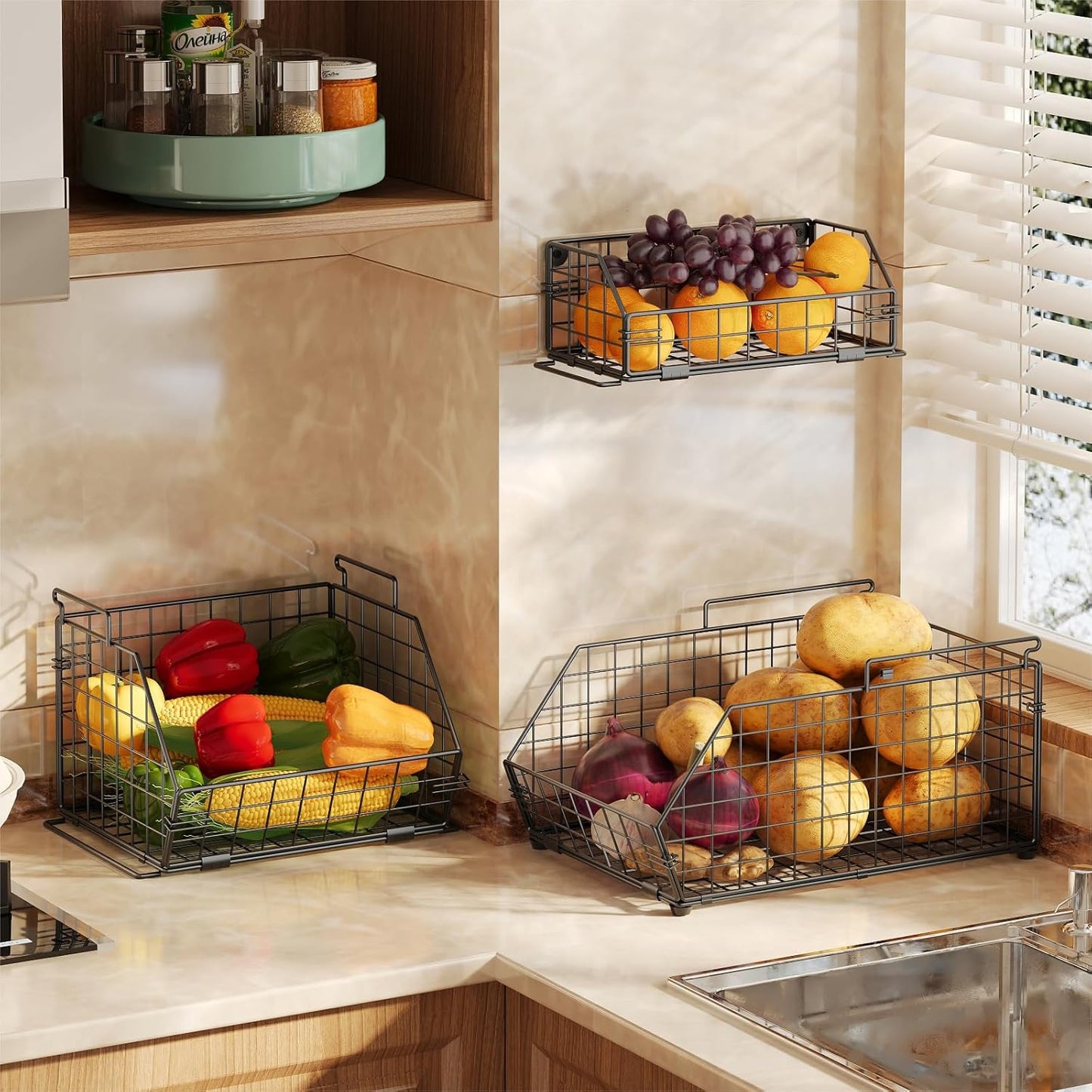 3-Tier Fruit Basket for Kitchen Counter, Stackable Wire Baskets Wall