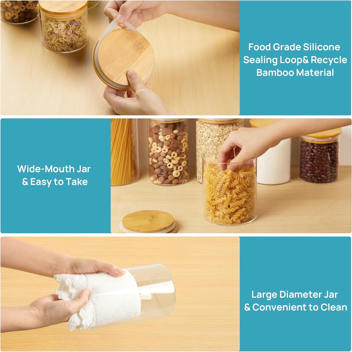 Glass Food Storage Jars, 7 Pack Kitchen Containers with Airtight Bamboo Wooden Lids for Pasta