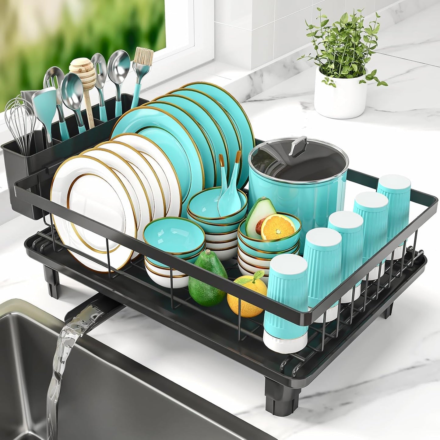 Dish Racks for Kitchen Counter, 2025 Upgrade Large Sink Dish Drying Rack with 3-Compartment Utensil Holder 16.8" D x 13" W x 5.71" H