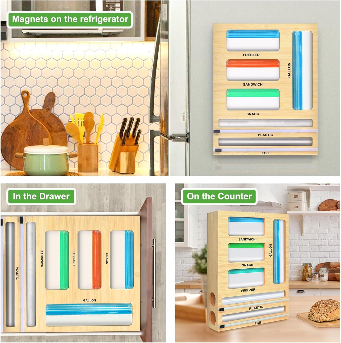 Magnetic Food Bag Storage Organizer for Drawer or Refrigerator, Compatible with Gallon,Quart