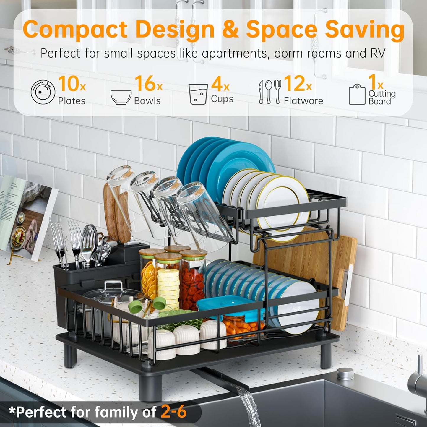 Dish Drying Rack, 2 Tier Dish Racks for Kitchen Counter, Compact Drying Rack Kitchen