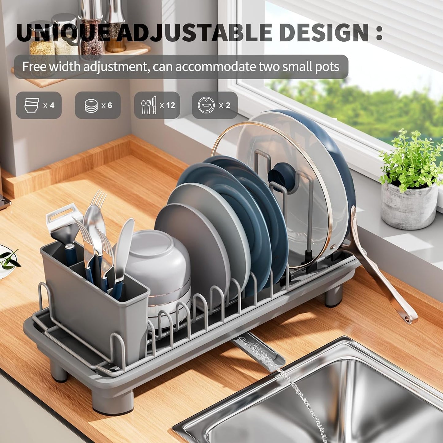 Small Dish Drying Rack with Removable Utensil Holder & Anti-Scratch Base