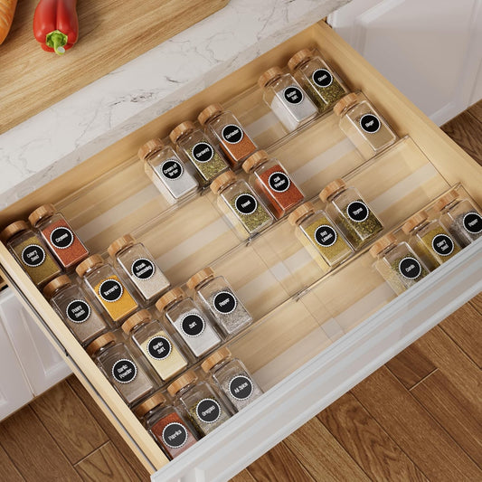 8-Pack Spice Drawer Organizer, Expandable Acrylic Seasoning Rack (13" to 26") with Anti-Slip Mat