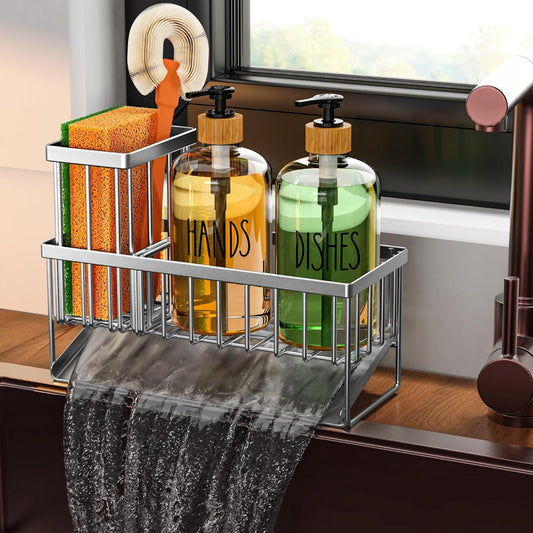 Kitchen Dish Soap Dispenser Set Stainless Steel Sponge Holder and 2 Pack 16.9oz Clear Glass