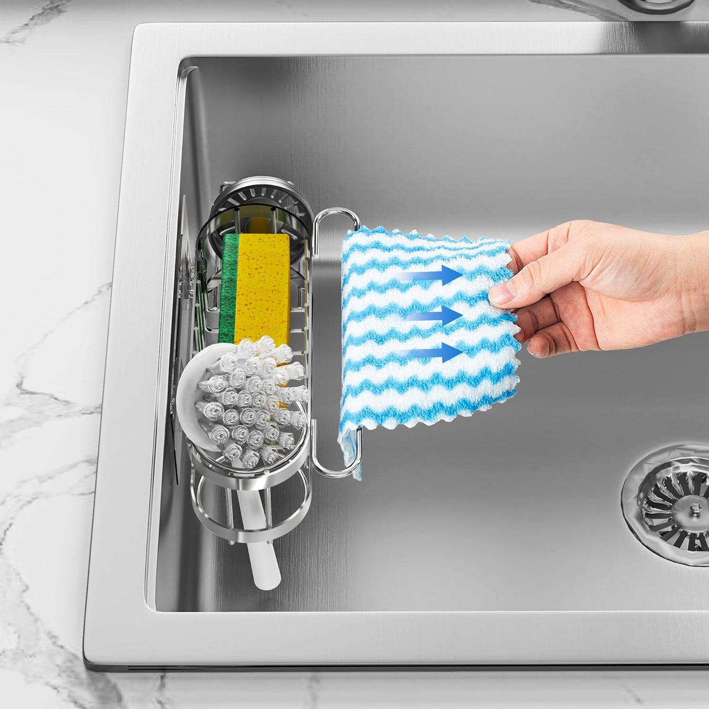 Silver Kitchen Sink Caddy Sponge Holder in The Sink, Stainless Steel Kitchen Organizer