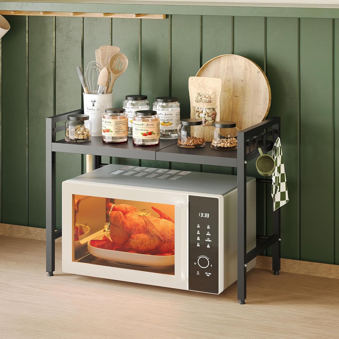 NETEL Expandable Microwave Stand,2 Tier Metal Kitchen Countertop Organizer Shelves with 8 Hooks,Bakers Rack,Microwave Shelf,Microwave Oven Rack,55lbs Weight Capacity
