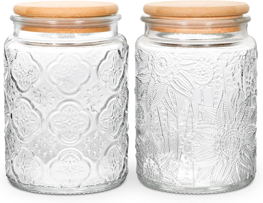 Vintage Glass Jar, 24oz Food Storage Containers Clear Mason Jars With Airtight Lid for Kitchen Counter,Coffee, Tea, Sugar, Candy, 2 Pack