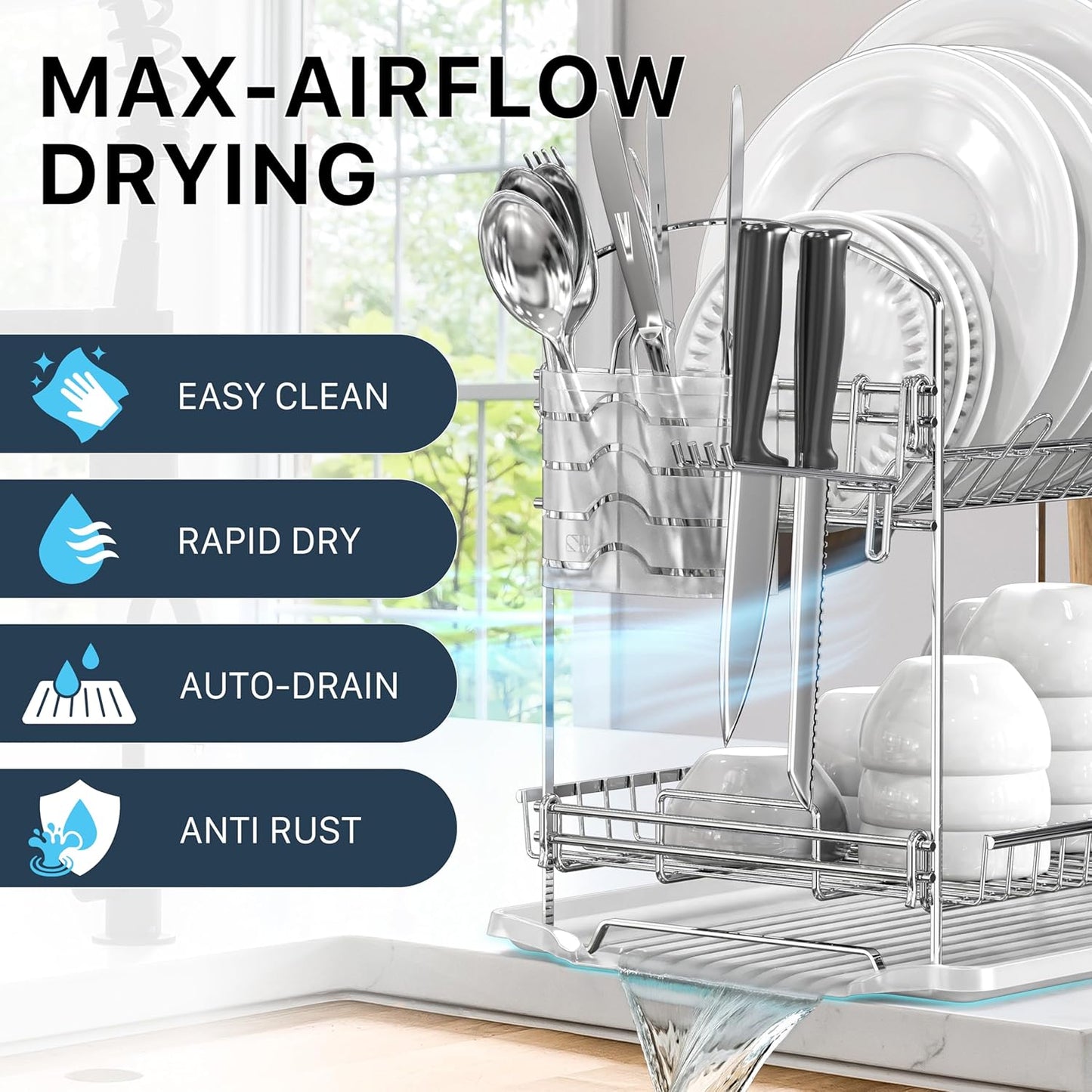 2-Tier Stainless Steel Dish Rack with Drainboard, Chrome for Kitchen