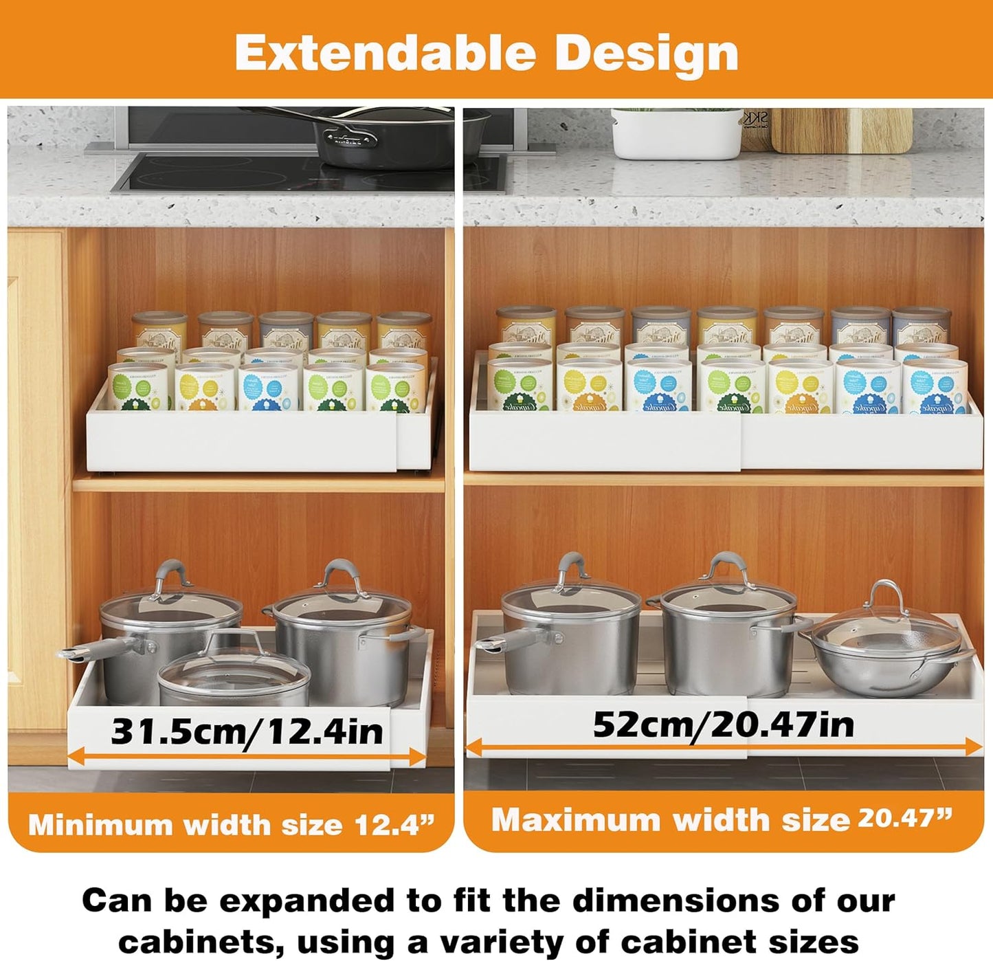 COVAODQ 1 Pack Pull Out Cabinet Organizer Extendable Sliding Slide Out Pantry Shelves Storage No Punch for Kitchen Base Cabinet Organization, Pantry, Bathroom Adjustable Width 12.4" to 20.4"