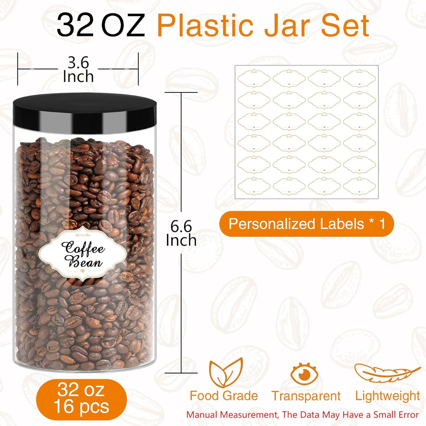 Plastic Jars with Lids, 16 Pcs 32 OZ Large Plastic Storage Jars with Black Leakproof Lids Cylinder Plastic Storage Container Jar Reusable Clear Empty Jars for Home and Kitchen Organizing