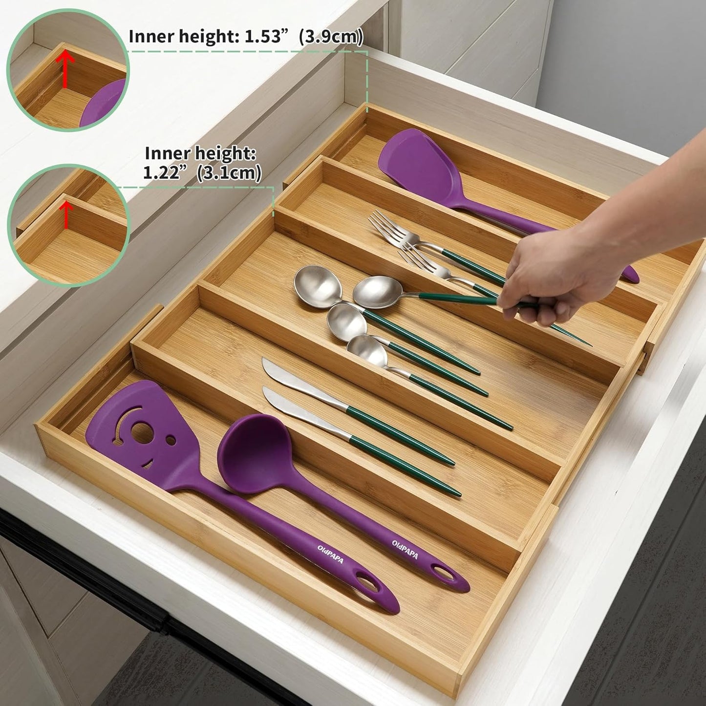 Bamboo Expandable Kitchen Drawer Organizer, Adjustable Utensil Holder and Cutlery Tray Organiser