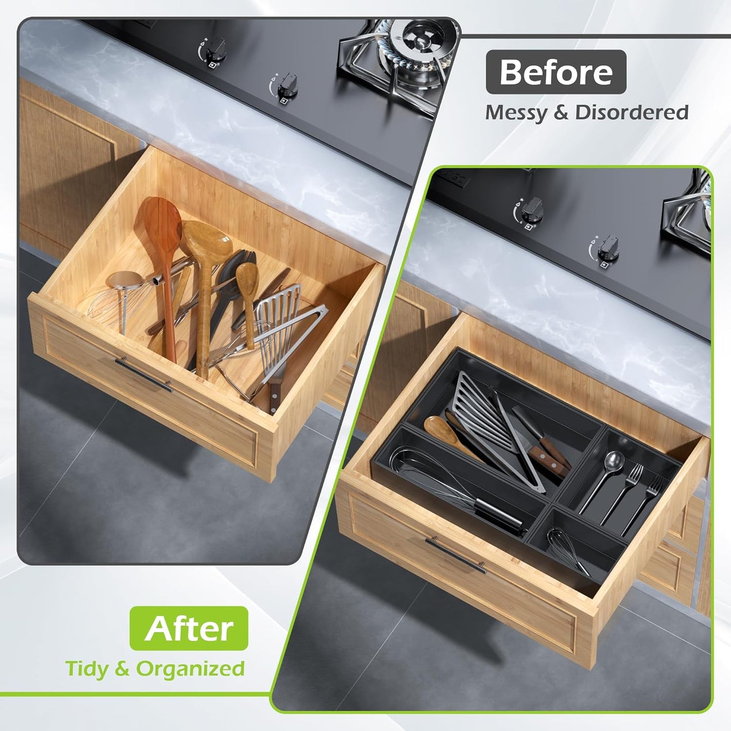 Bathroom Drawer Organizer Trays, Bamboo Drawer Organizer Kitchen Utensils Silverware Organizer