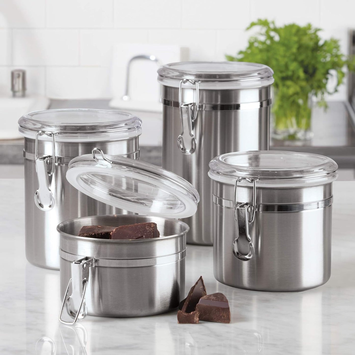 Set of 4 Stainless Steel Kitchen Canisters - Airtight Clamp Lid