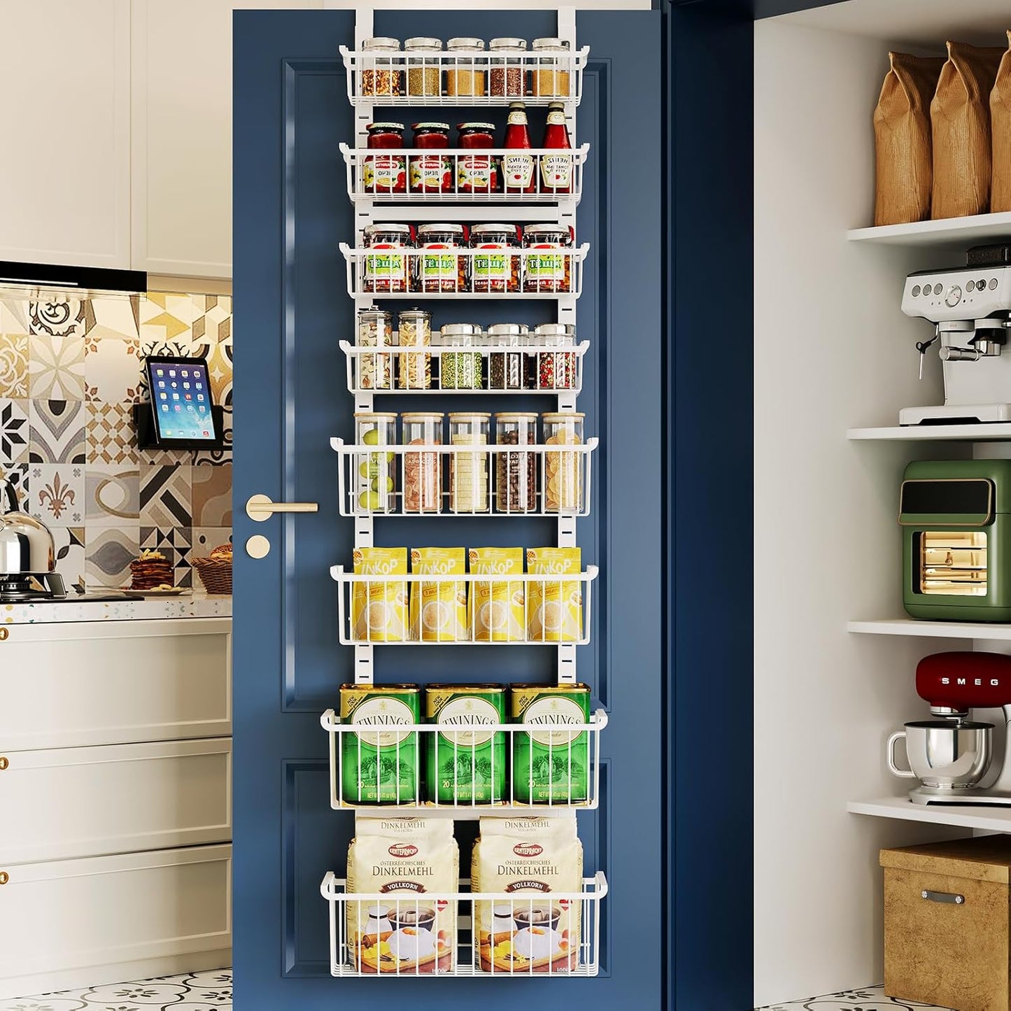 Over The Door Pantry Organizer, 8-Tier Over The Door Organizer with Adjustable Baskets