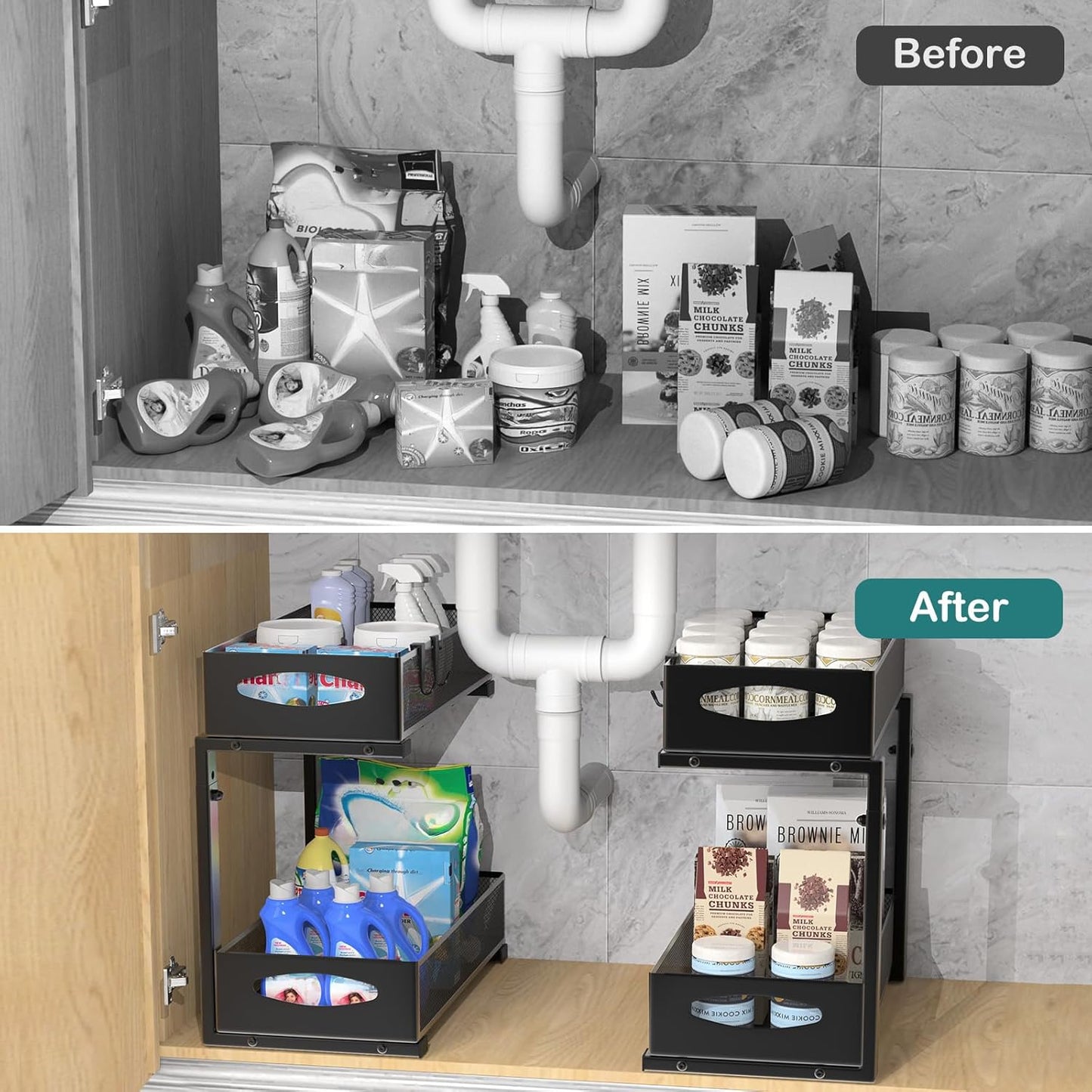 2 Pack Under Sink Organizer, 2 Tier Metal Pull Out Under Sink Storage with Sliding Mesh Drawers