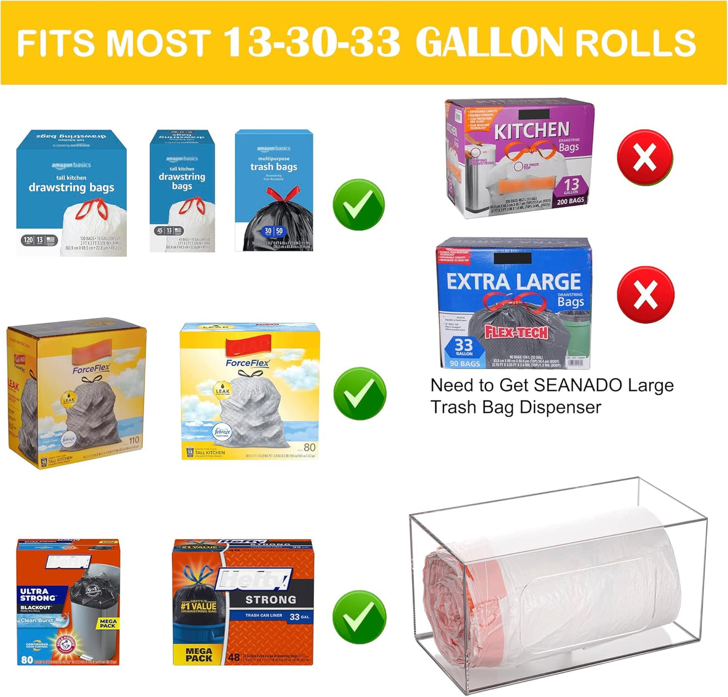 Trash Bag Dispenser Roll Holder, Wall Mount Acrylic Kitchen Organizer Storage Box Holder for Garbage Bag Grocery Bag Plastic Shopping Bag Roll Container (10.4 x 5.5 x 5.5 inches)