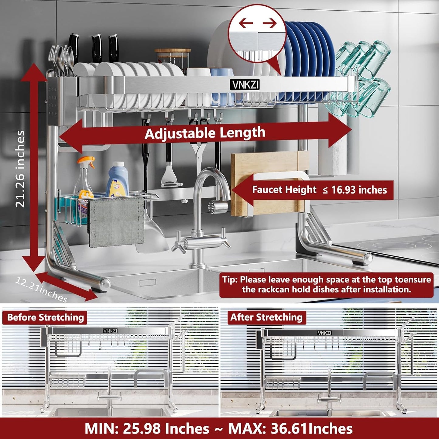 Over Sink Dish Drying Rack, 2 Tier Full Stainless Steel Storage Adjustable Length (25.98'' to 36.61'') Kitchen Rack, Multifunctional Expandable Counter Organizer, Space Saver Dish Rack