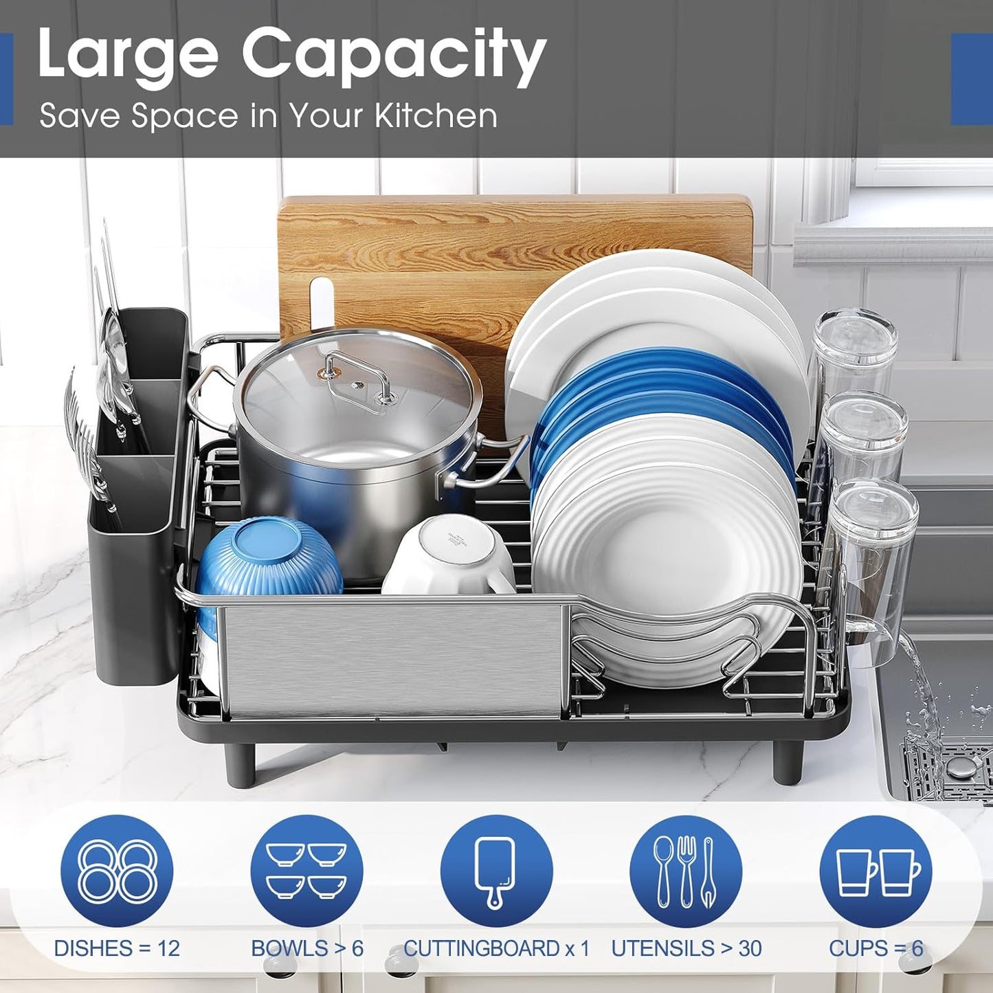 Stainless Steel Dish Drying Rack - Large Capacity Kitchen Counter Organizer with Drain Board