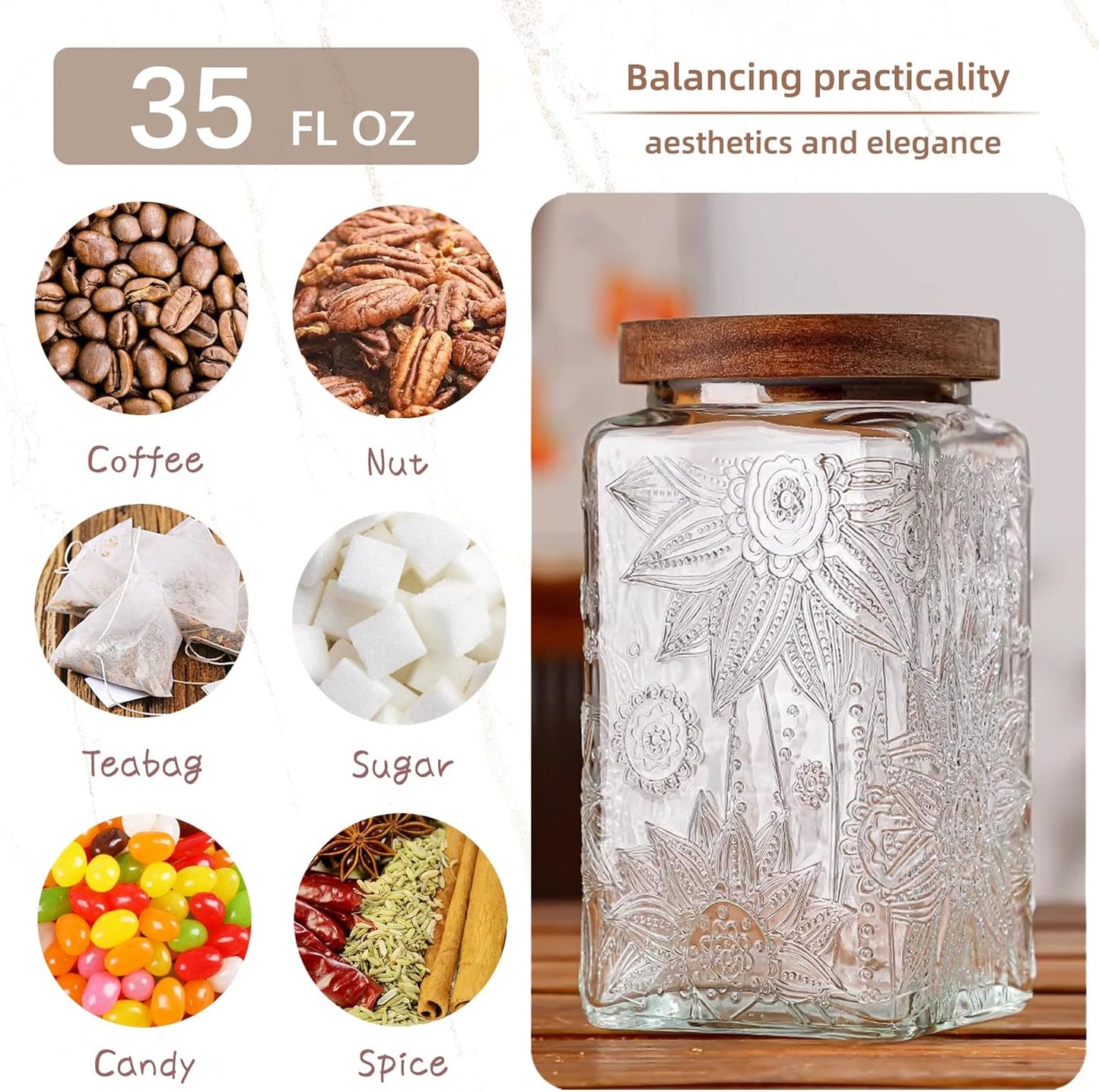 Glass Storage Jars With Airtight Lid, 35oz Container For Kitchen Counter with Wood Lid