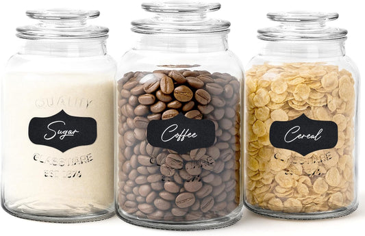 Glass Canisters with Airtight Lids Set of 3 - Glass Storage Jars for Candy, Cookie, Flour, Sugar