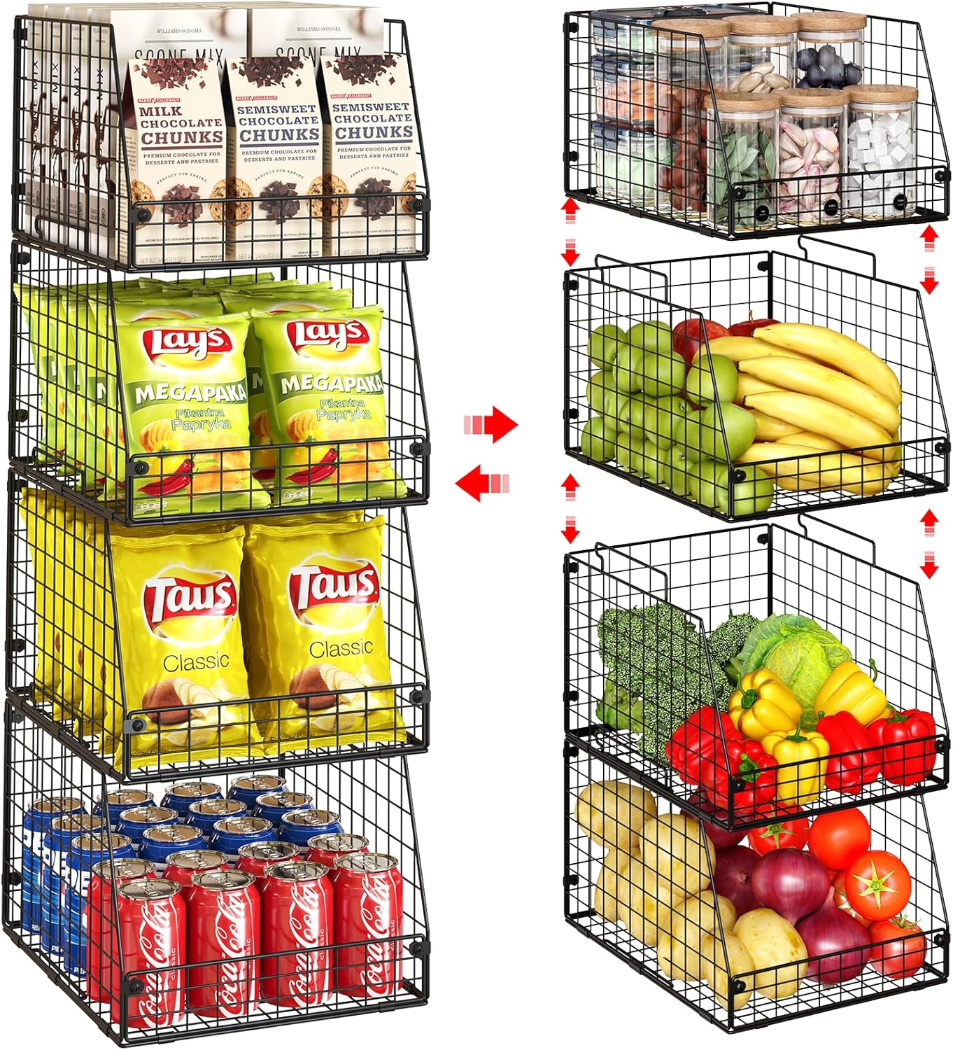 4 Pack XXL Stackable Wire Storage Basket, Extra Large Capacity Pantry Organizer and Storage