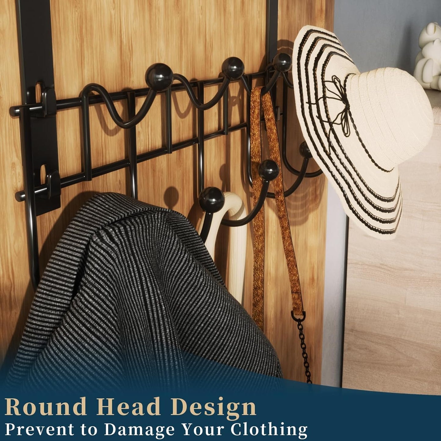 Over The Door Hooks Organizer - Extra Long Door Hanger with 9 Coat Hooks & 2 Mesh Basket