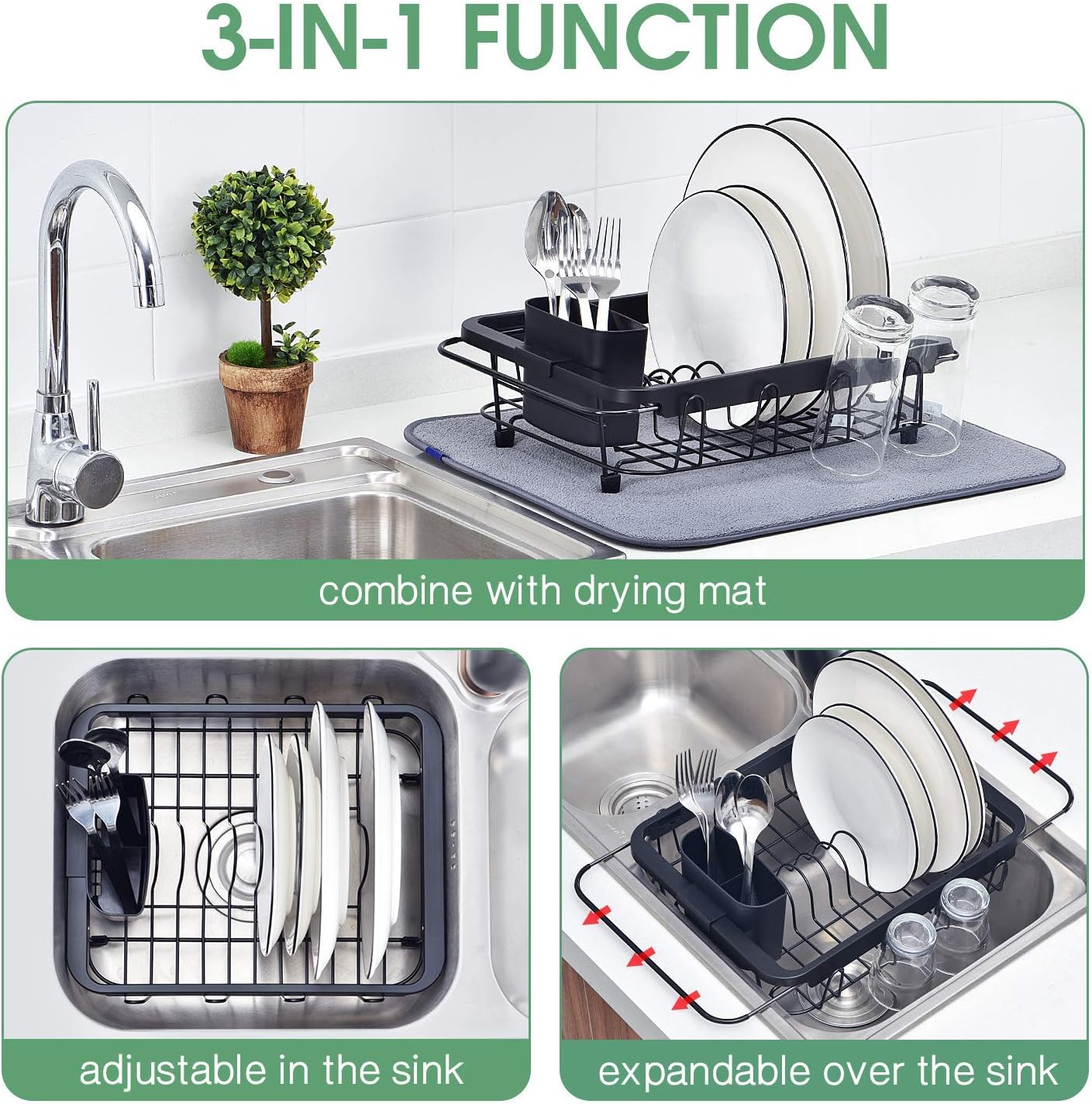 Expandable Dish Drying Rack Over The Sink Adjustable Dish Rack in Sink Or On Counter Dish Drainer with Utensil Holder Rustproof for Kitchen