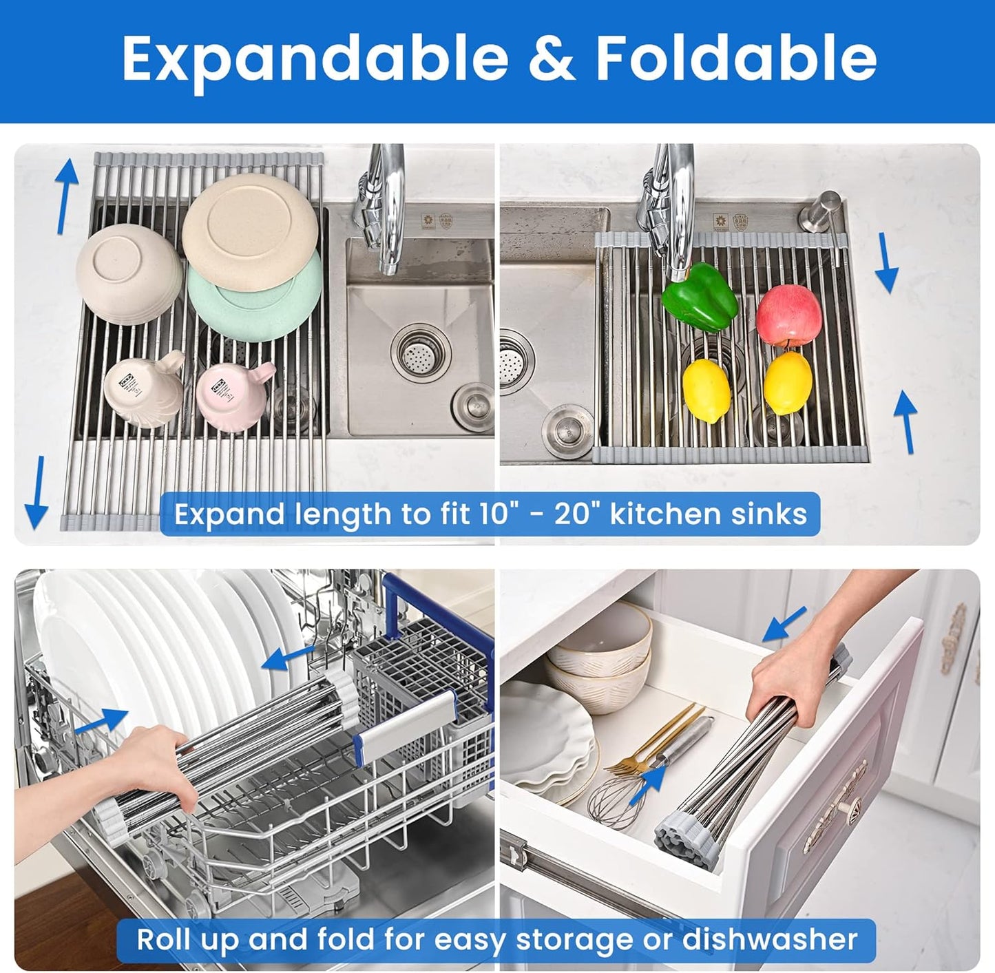 Roll Up Dish Drying Rack, Adjustable Over Sink Dish Drying Rack for Kitchen