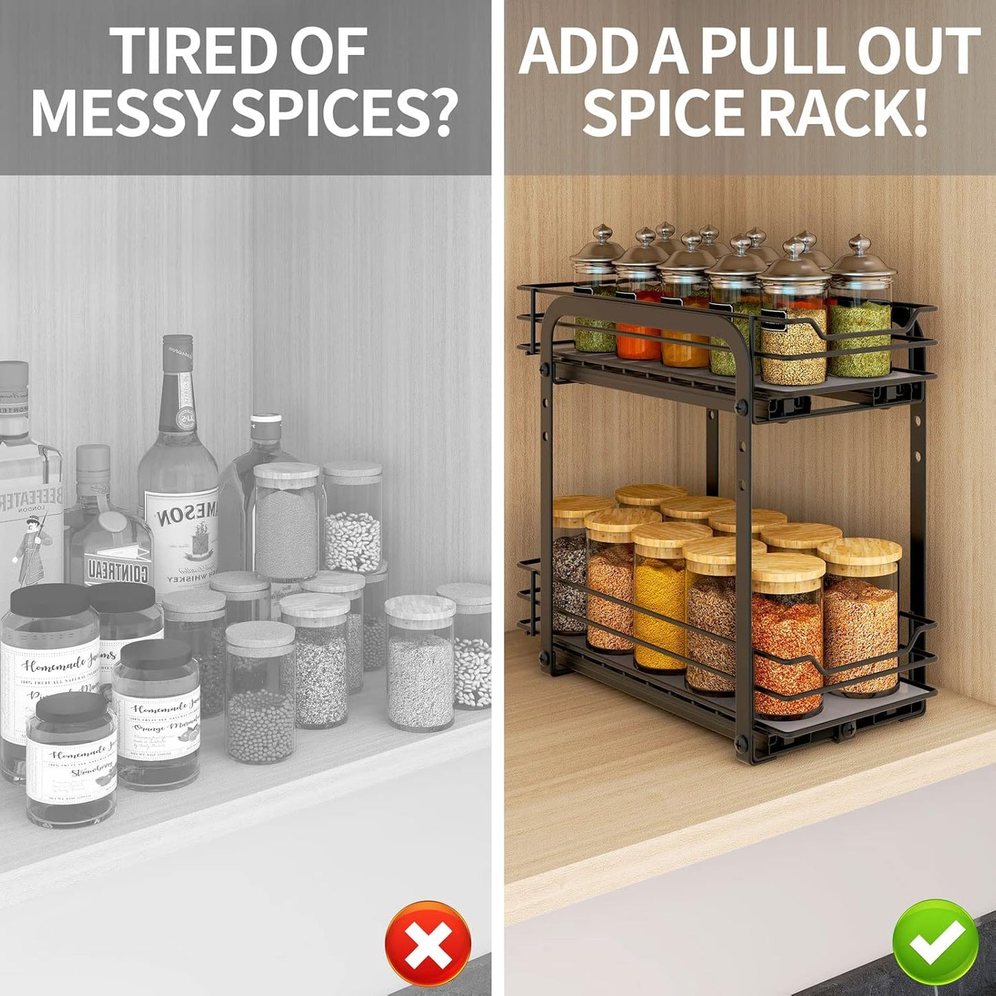 Spice Rack Organizer for Cabinet, 2 Tier Pull Out Spice Organizer for Cabinet Height Adjustable Heavy Duty Metal Basket for Inside Cabinets & Pantry Closet (5.5''Wx10.5''Dx9.5''H)