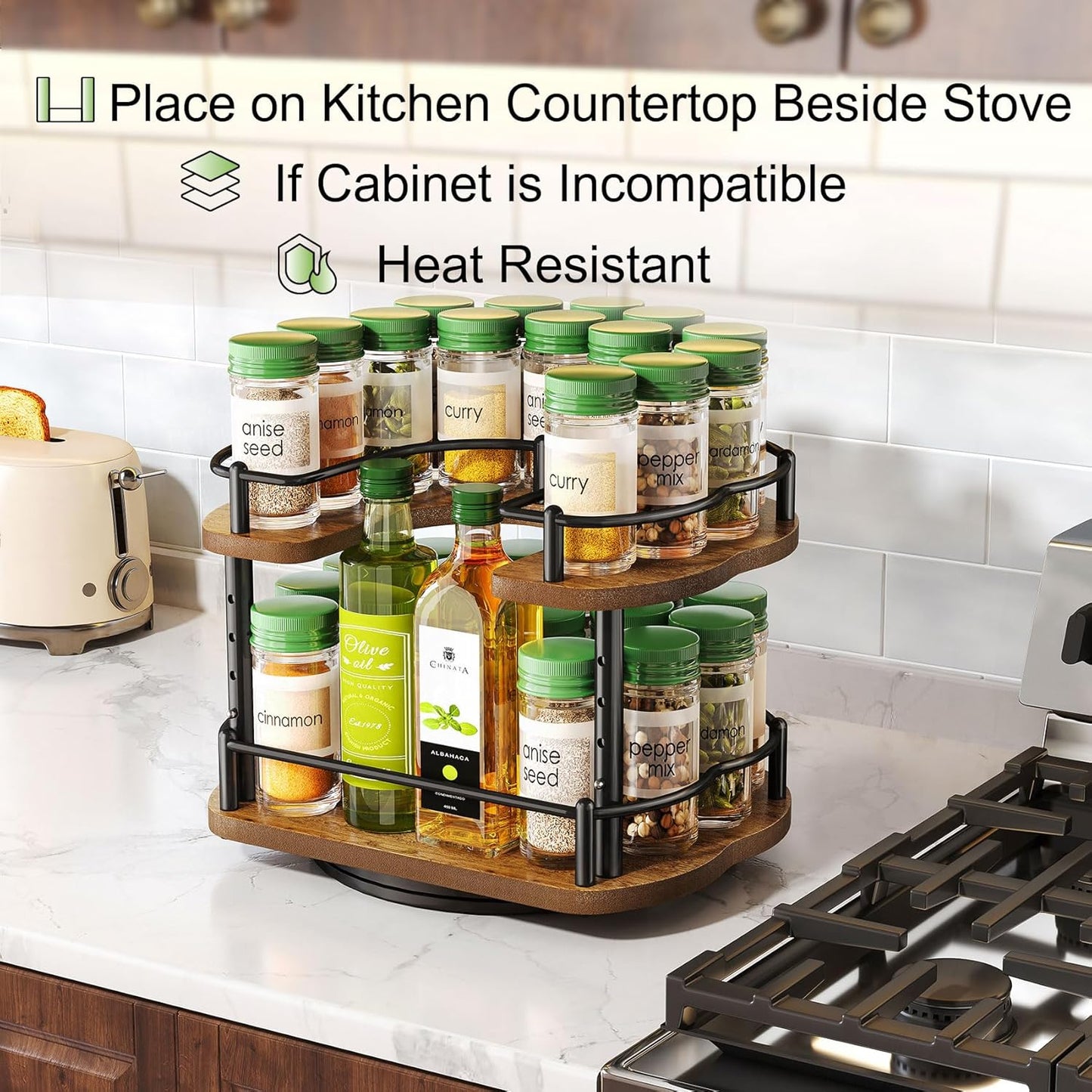 Spice Rack Organization for Cabinet - Height Adjustable Rotating Lazy Susan Organizer
