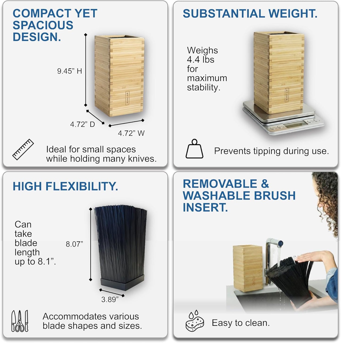 KAIZEN Bamboo Knife Block Without Knives - Perfectly Sized Universal Knife Holder for Knives