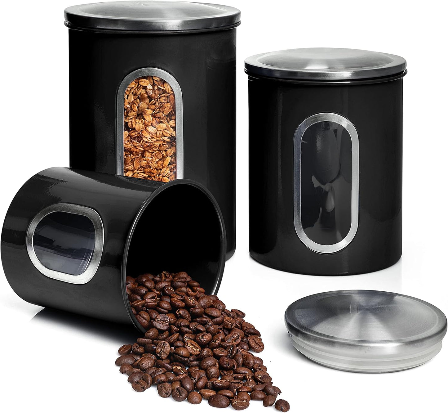 3-Piece Black Canisters Sets For The Kitchen, Airtight Canister Set With See Through Window